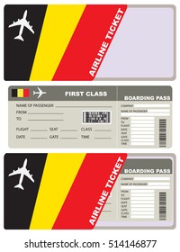 Tickets for air travel. Set ticket with envelope Belgian flag.