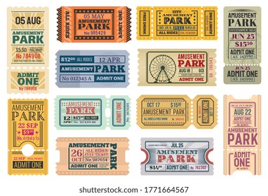 Tickets to amusement park, funfair carnival vector vintage admit coupons. Fun fair amusement park rides tickets to Ferris wheel and roller coaster, kids and family theme park carousel attractions