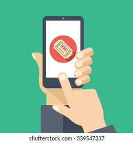 Tickets app on smartphone screen. Cinema tickets service. Hand holds smartphone, finger touch screen. Modern concept for web banners, web sites, infographics. Creative flat design vector illustration