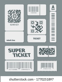 Tickets with barcode qr code set. Documents standard barcode and latest qr identification laser scanning symbol sticker for retail goods, modern data tracking. Technological vector style.