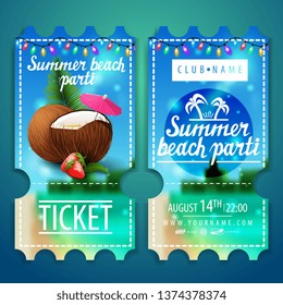 Tickets to a beach party with a beautiful summer landscape in the background and strawberry cocktail in coconut