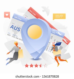 Tickets booking service metaphor. Tiny people booking tickets and going to vacation. 