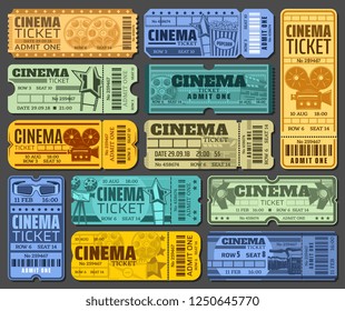 Tickets for cinema and movie show or seance. Paper admission with barcode to watch film at motion picture festival. Camera and popcorn, spotlight and 3d glasses, reel and clapperboard vector