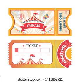 Tickets to Circus or Amusement park printed coupons with flat fairground attraction images. Tickets with red ribbons circus tent and balloons.
