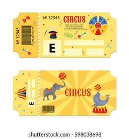 Tickets for circus performances. Vector flyer on a circus show. Two vintage entrance tickets templates set. Invitation coupon with elephant, seal, mask, balloon, monocycle, star, serpentine card pass.
