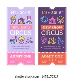 Tickets Circus Set with Color Thin Line Icon Pass or Admission for Magician Show. Vector illustration of Paper Ticket