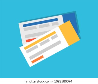 Tickets collection blue collection, beginning of adventure, papers with information about transport and departure time isolated on vector illustration
