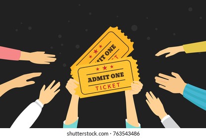 Tickets concept vector illustration of people ordering and purchasing admission to event. Flat human hands hold two yellow tickets and other try to take it on black background