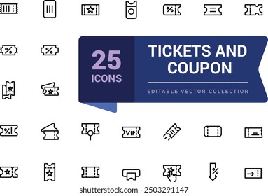 Tickets and coupon icon set. Related to concert, combo offer, mobile ticket and more. Pixel perfect, minimalistic web and UI icon. Outline icon collections.