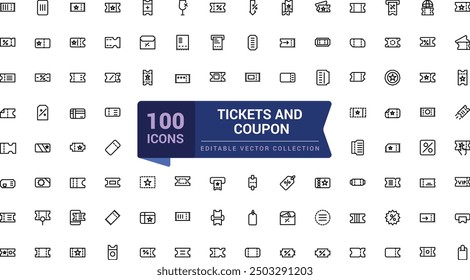 Tickets und Gutschein-Icon-Set. Verwandt mit Konzert, Combo-Angebot, Handy-Ticket und mehr. Pixel perfekt, minimalistische Web-und UI-Symbol. Gliederungssymbolsammlungen.