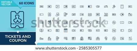 Tickets And Coupon modern icons set. Icons member, theater, gift, on, business, movie, admission and more. Pixel perfect. Editable vector outline and solid icons.