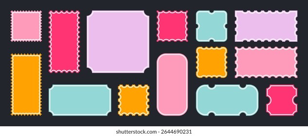 Bilhetes e cupons fundos, adesivos brilhantes vazios em estilo retro e vintage elegante, quadros e bordas com punhalada de bilhete. Ilustração vetorial.