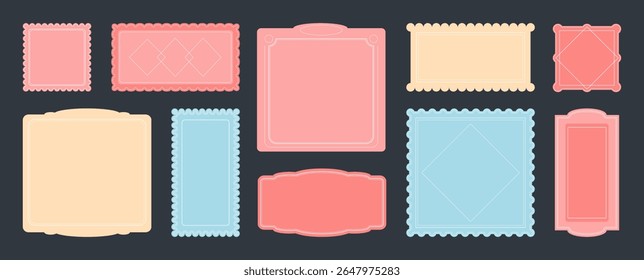 Ingressos e cupons fundos, adesivos pastel macio vazio em estilo retro e vintage elegante, com molduras brancas e bordas com bilhete punhalada. Ilustração vetorial.