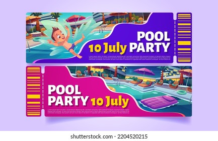 Tickets or coupons to pool party in luxury hotel. Invitation flyers design with happy boy jump in water and swimming pool with lounge chairs and umbrellas at night, vector cartoon illustration