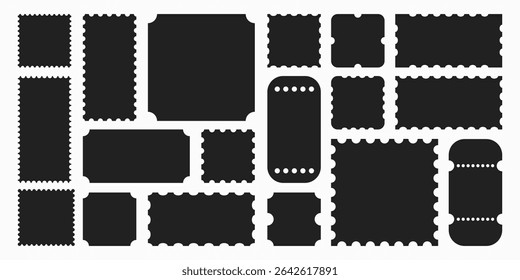 Bilhetes e cupons, conjunto de adesivos vazios em estilo retro e vintage elegante, quadros e bordas com punhalada de bilhete. Ilustração vetorial.