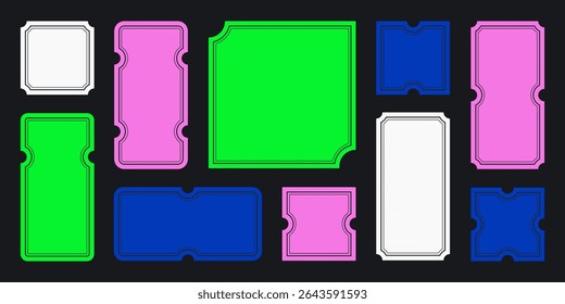 Tickets e cupons y2k simples planos de fundo, adesivos vazios no estilo retro techno, quadros e bordas com marcação de tíquete. Ilustração vetorial.