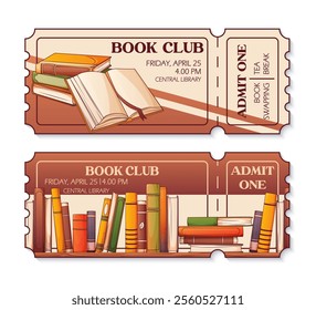 Clube de livros de design de ingressos. Ilustração vetorial da estante com livros em pé. Modelo para cartaz, faixa, cartão, folheto, desconto.  Amante do livro, livraria, conceito de biblioteca. Dia Mundial do Livro.