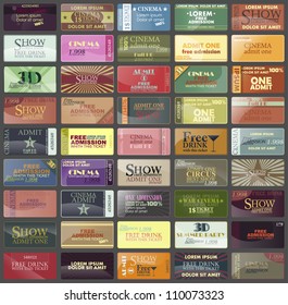 tickets in different styles. Vector illustration. Collection vintage tickets and Coupons.tickets for various events: festival, cinema, circus, theater, attractions. Entry tickets.