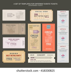  tickets in different styles. Vector illustration. Collection vintage tickets and Coupons. 