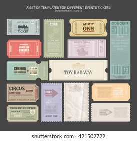 tickets in different styles. Vector illustration. Collection vintage tickets and Coupons.tickets for various events: festival, cinema, circus, theater, attractions. Entry tickets.