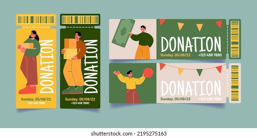 Tickets to donation event, volunteers charity promotion. People donate money, food and stuff to support projects of saving human lives, care and asistance, Line art flat vector promo coupon