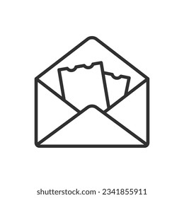 Tickets in an envelope, linear icon. Gift tickets. Line with editable stroke