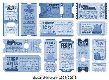 Entradas para transbordadores, cruceros para barcos y pases de línea de vacaciones, tarjetas vectoriales. Líneas marítimas y recorridos marítimos, viajes en ferry y barco, billetes de transporte con olas oceánicas, cupones de pasaje de embarque de pasajeros