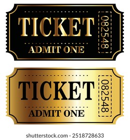 Tickets gold and black material.Retro ticket design template. Admit one. Tickets for cinema, movie, circus, carnival, film, festival, casino, club, party, vip, etc. Vector illustration.