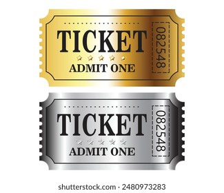 Tickets Gold und Silber Material.Retro Ticket Design Vorlage. Gib eins zu. Tickets für Kino, Film, Zirkus, Karneval, Film, Festival, etc. Vektorillustration.