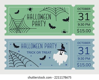 Tickets to the Halloween party. Tickets and cards for a Halloween night party with spider webs, bats and ghosts