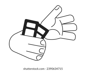 Tickets holding cartoon hands outline illustration. Plane boarding passes. Buyer coupons. Music festival tickets 2D isolated black and white vector image. Passenger flat monochromatic drawing clip art