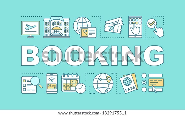 Tickets, hotel booking word concepts banner.\
Reservation. Trip planning. Travel preparation. Presentation,\
website. Isolated lettering typography idea with linear icons.\
Vector outline\
illustration