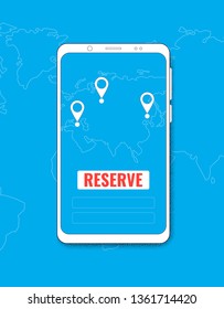 Tickets and hotels online booking concept. Service booking tickets and hotels on the background of the world map. Vector illustration