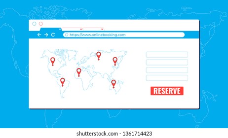 Tickets and hotels online booking concept. Service booking tickets and hotels on the background of the world map. Vector illustration