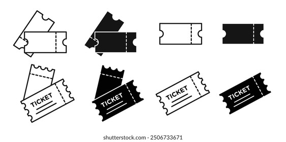 Tickets-Symbol in gefüllter und umrissener schwarzer Farbe, einzeln auf weißem Hintergrund mit verschiedenen Stilen.