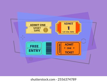 Tickets icon set. Sport game, concert, admit and free entry ticket. Enternainment concept. Vector illustrations can be used for topics like leisure activity, sport, performance