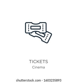 Tickets icon. Thin linear tickets outline icon isolated on white background from cinema collection. Line vector sign, symbol for web and mobile