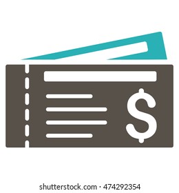 Tickets icon. Vector style is bicolor flat iconic symbol with rounded angles, grey and cyan colors, white background.