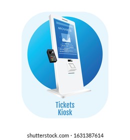 Tickets kiosk flat concept icon. Cinema electronic terminal sticker, clipart. Entertainment self service counter isolated cartoon illustration on white background. Digital self order board