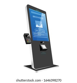 Tickets kiosk with terminal realistic vector illustration. Cinema self service stand flat color object. Interactive entertainment counter isolated on white background. Board with sensor display