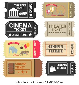 Tickets, a large set of tickets to the cinema, a ticket to the circus and the theater. Flat design, vector illustration, vector.