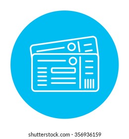 Tickets line icon for web, mobile and infographics. Vector white icon on the light blue circle isolated on white background.