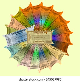 Tickets located on  circle, various colors, twenty subjects, twenty posters, twenty templates