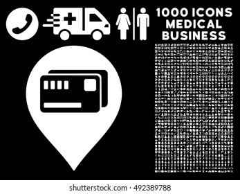 Tickets Map Marker icon with 1000 medical business white vector pictograms. Collection style is flat symbols, black background.