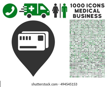 Tickets Map Marker icon with 1000 medical commercial green and gray vector pictograms. Set style is flat bicolor symbols, white background.