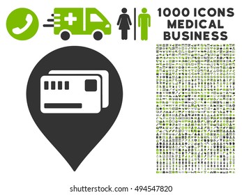 Tickets Map Marker icon with 1000 medical commercial eco green and gray vector pictograms. Collection style is flat bicolor symbols, white background.