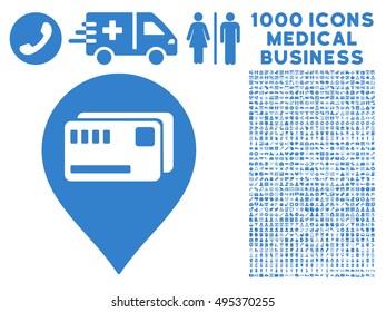 Tickets Map Marker icon with 1000 medical business cobalt vector pictograms. Set style is flat symbols, white background.
