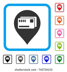 Tickets Map Marker icon. Flat grey pictogram symbol in a blue rounded rectangular frame. Black, gray, green, blue, red, orange color variants of Tickets Map Marker vector.