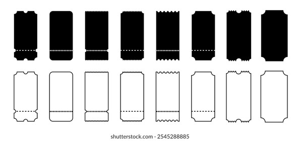 Montagem de ingressos para cinema. Conjunto de modelos de tíquetes de diferentes formulários. Ícones de cupom no plano de fundo branco.