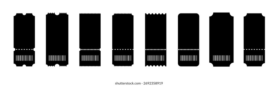 Maqueta de entradas para cine. Conjunto de tickets de Plantilla de diferentes formas. Iconos de Cupón sobre fondo blanco.